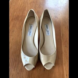 Jimmy Choo Isabel nude patent peep toe pumps 37